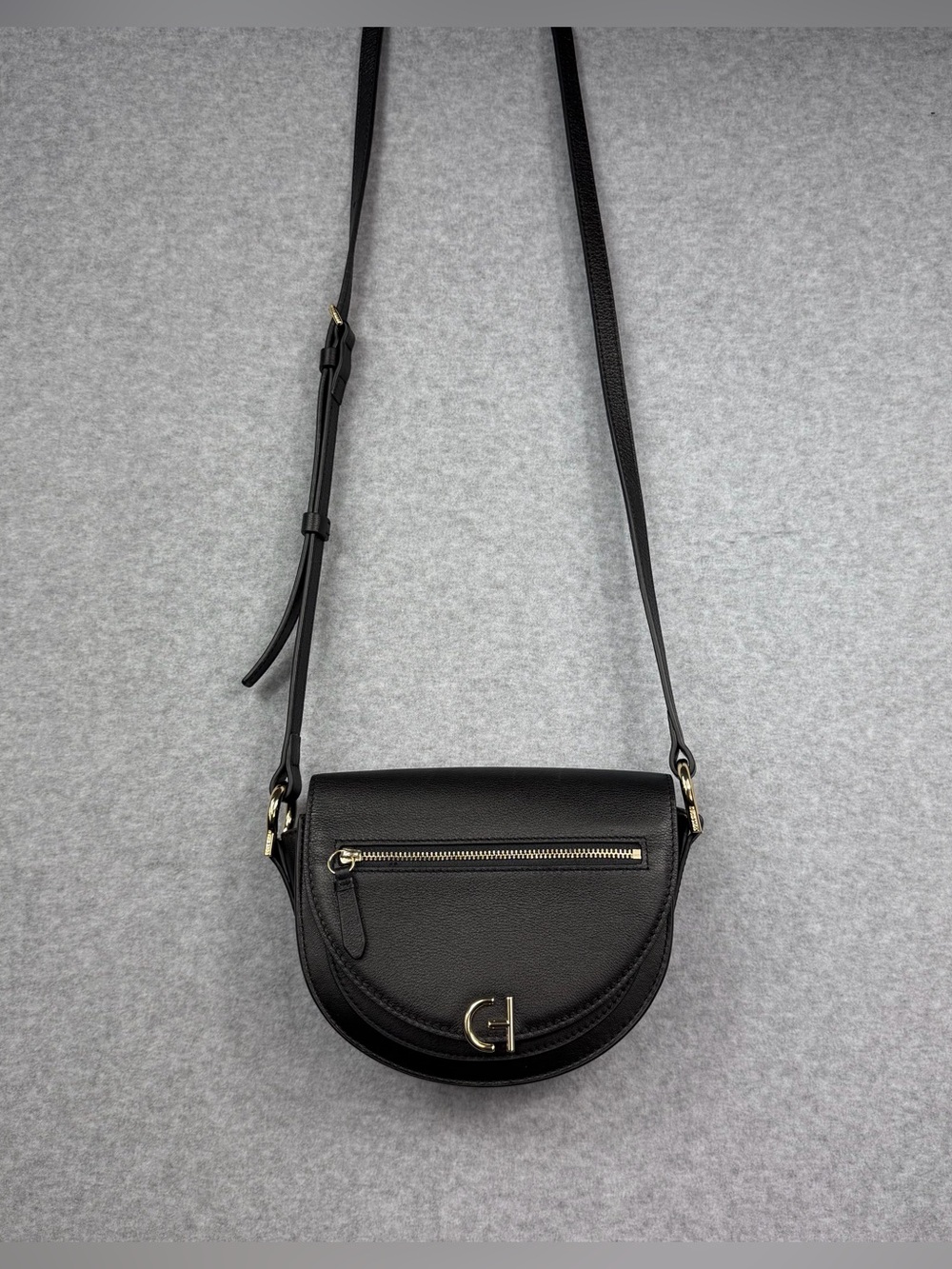 Cole Haan Black Leather Crescent Crossbody with Gold Accents
